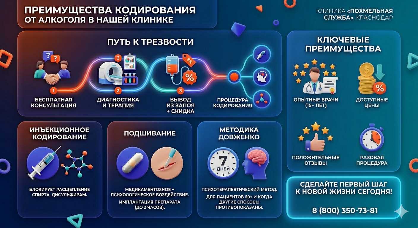 Инфографика о методах кодирования от алкоголя в Белоозёрском: инъекции, подшивание, метод Довженко. Преимущества клиники и этапы лечения.